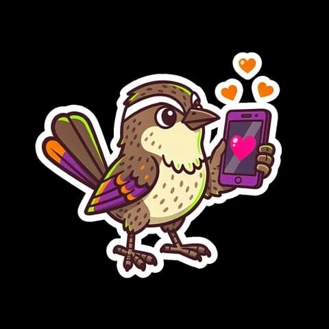 Sam, drawn as a cactus wren holding up a phone with hearts floating off it