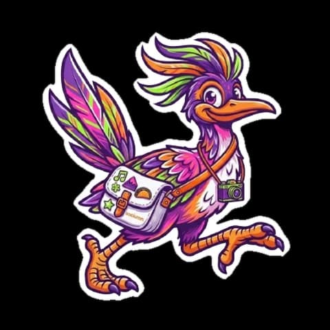 Scout, drawn as a roadrunner with a satchel and a camera, running