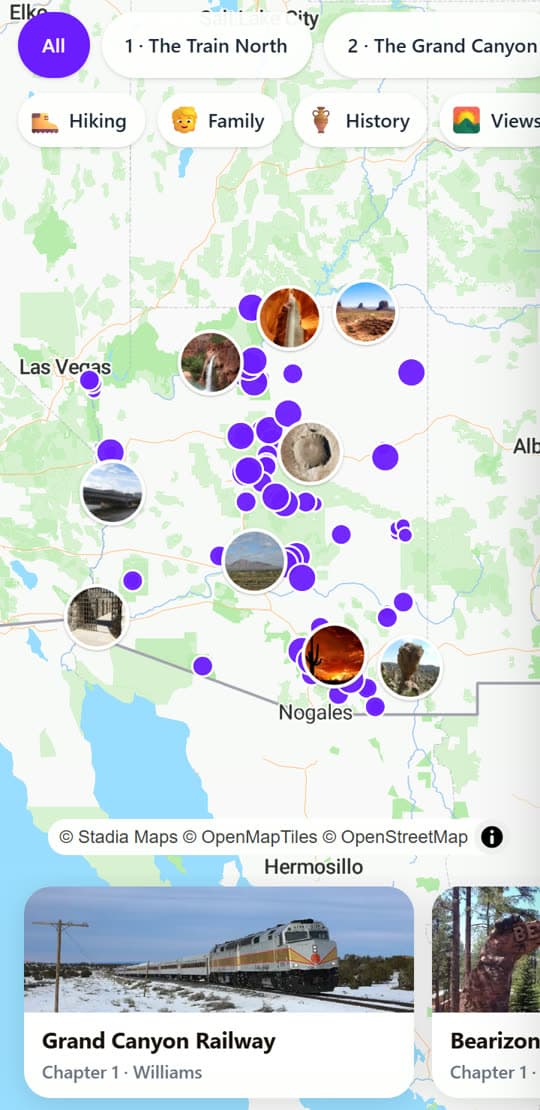 The book's map of Arizona, with a photo pin for each place